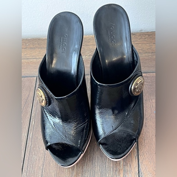 EUC Gucci Hysteria Black Patent Leather Platform Open Toe Sandals Womens size 9 - Picture 9 of 13